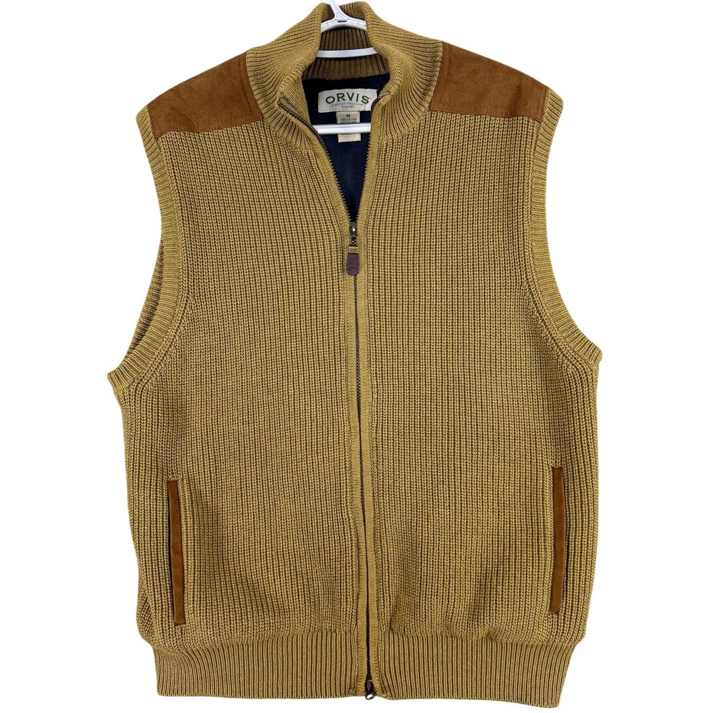 Orvis Sweater Vest Mens Medium Brown Cotton Full Zip‎ Mock Neck Outdoor Fishing